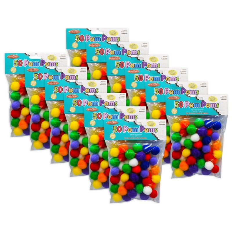 Charles Leonard Pom-Poms 1", Assorted Colors, 50 Per Pack, 12 Packs