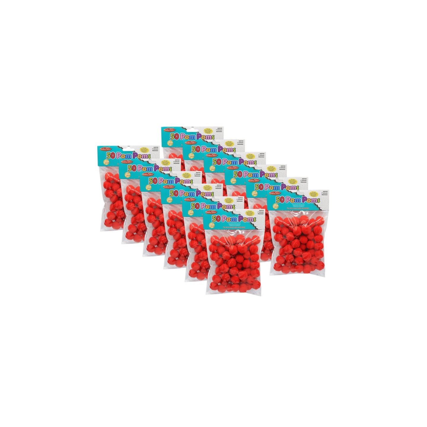 Charles Leonard Pom-Poms 1", Red, 50 Per Pack, 12 Packs