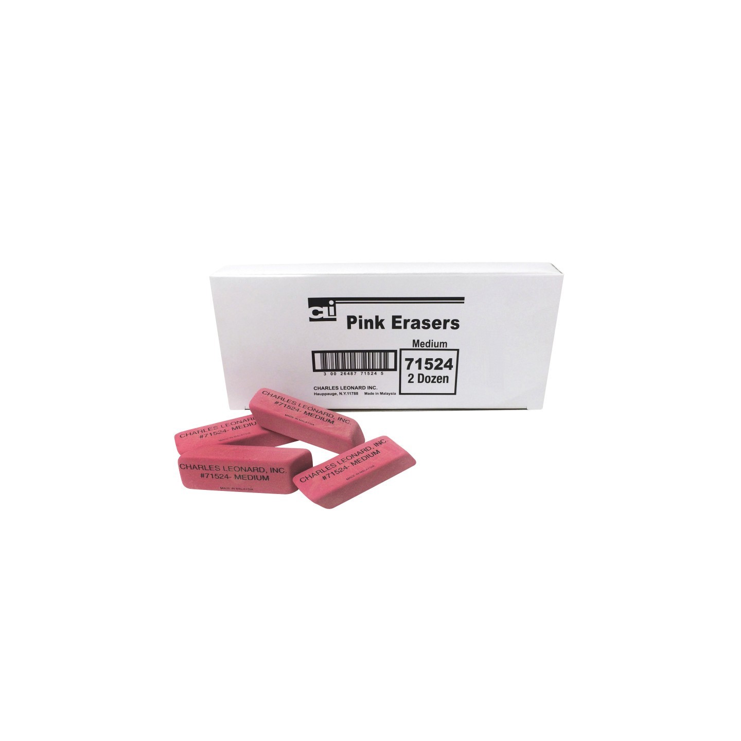 Charles Leonard Natural Rubber Wedge Pink Erasers, Medium, Box of 24