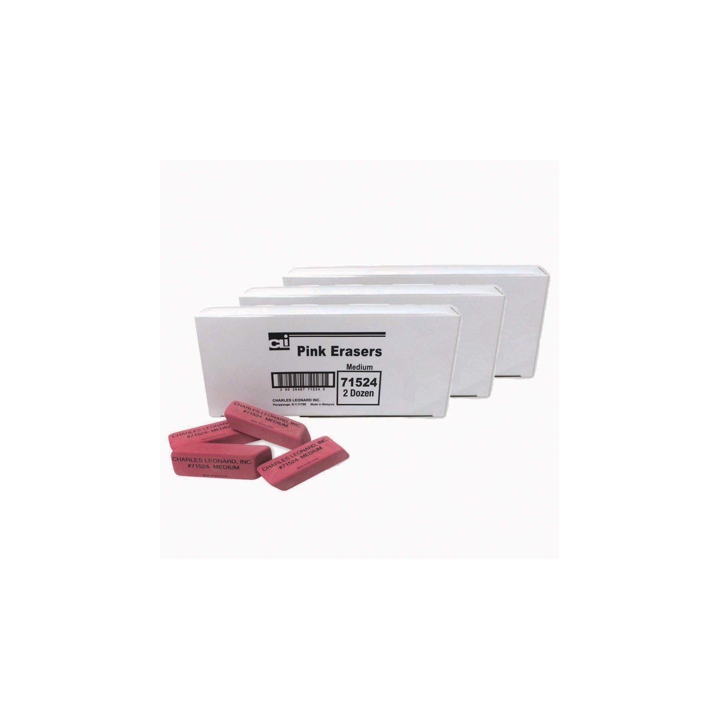 Charles Leonard Medium Natural Rubber Pink Wedge Eraser, 24 Per Pack, 3 Packs