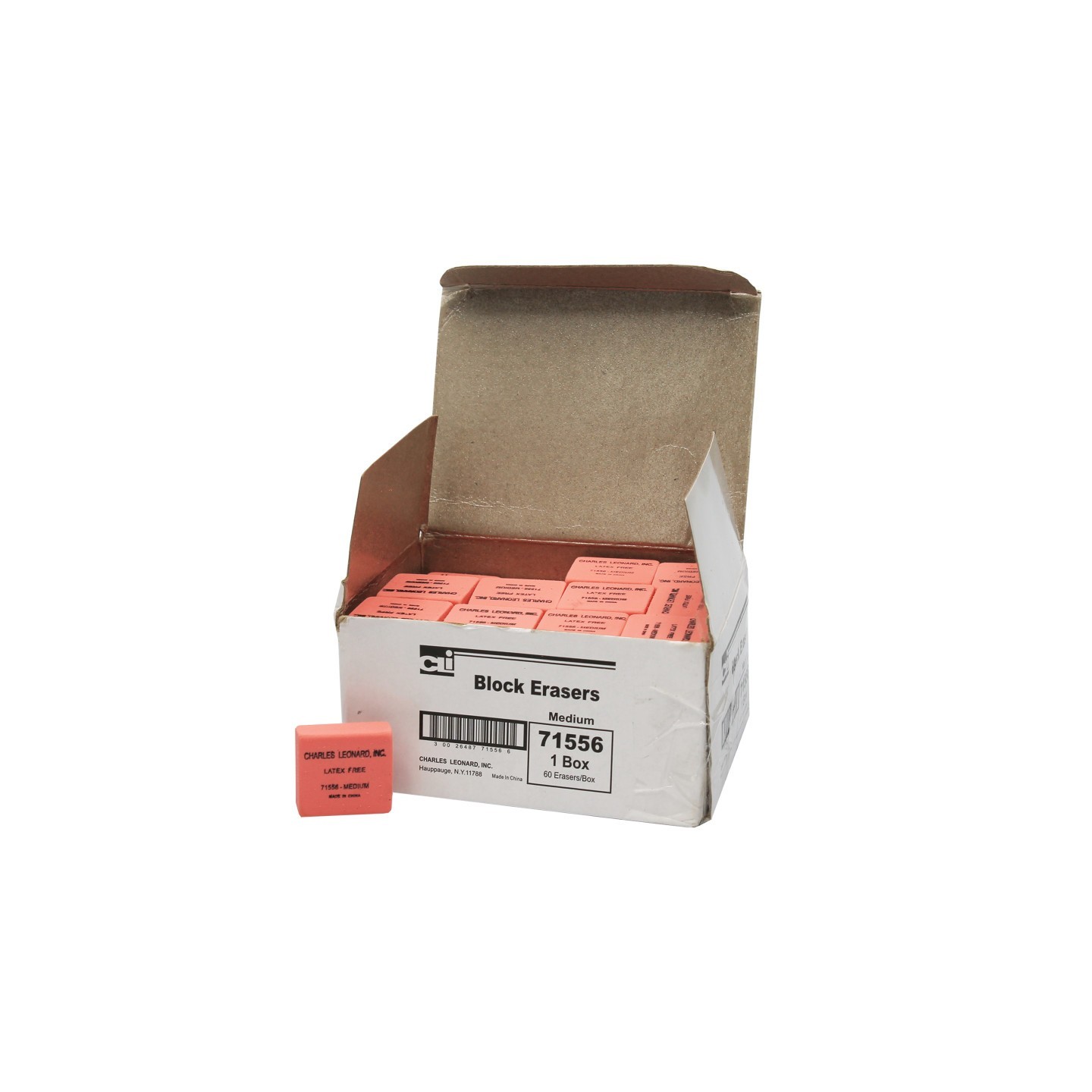 Charles Leonard Eraser, Synthetic, Latex Free, Block Shape, Medium, Pink, Box of 60