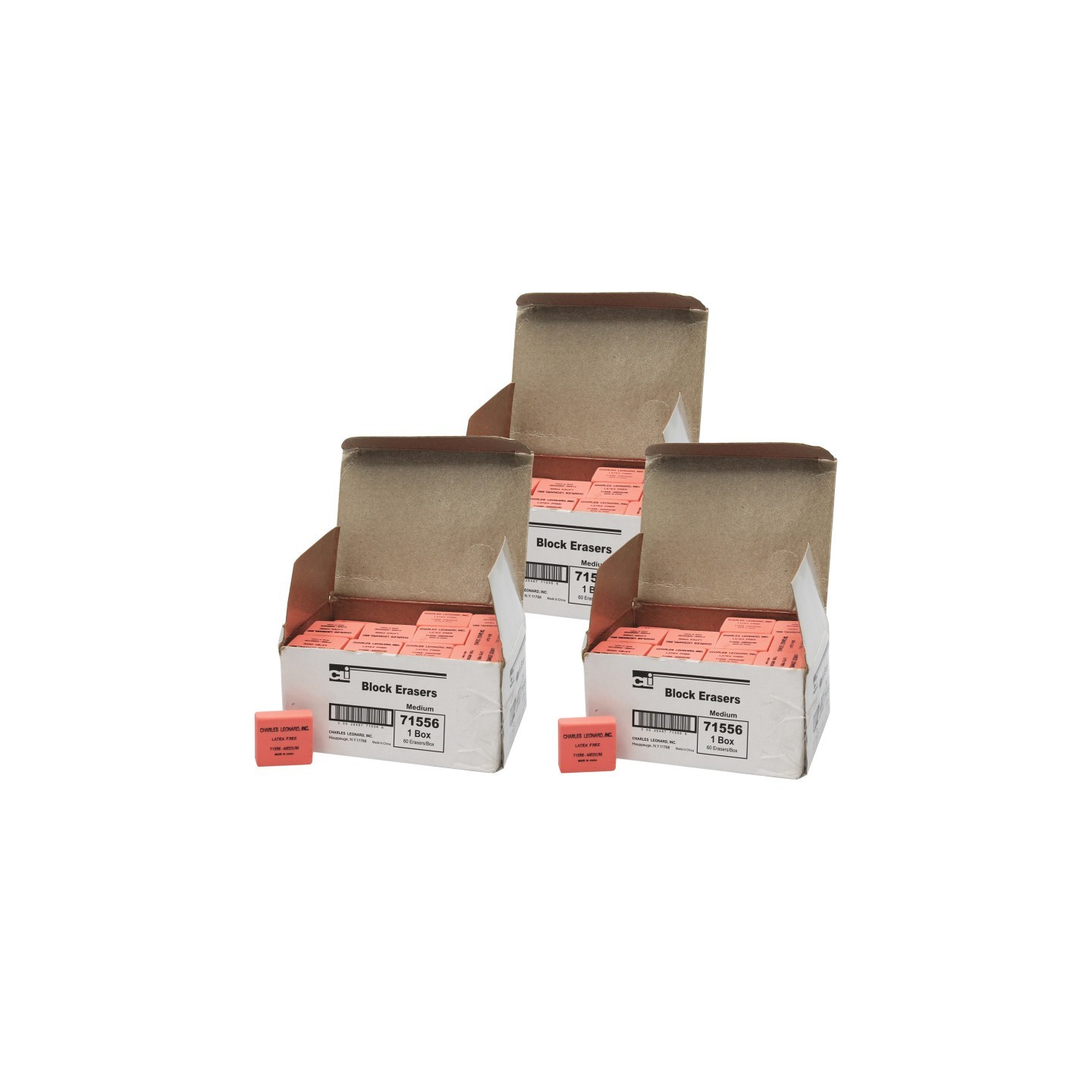Charles Leonard Pencil Eraser - Synthetic - Latex Free - Block Shape - Medium - 60 per Box, 3 Boxes