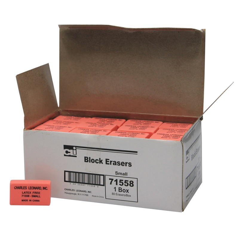 Charles Leonard Eraser, Synthetic, Latex Free, Block Shape, Small, Pink, Box of 80