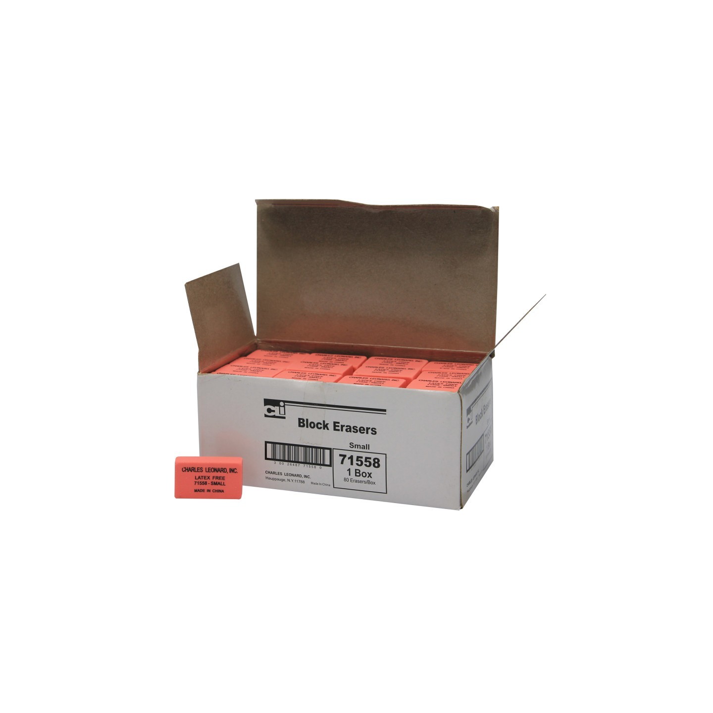 Charles Leonard Eraser, Synthetic, Latex Free, Block Shape, Small, Pink, Box of 80