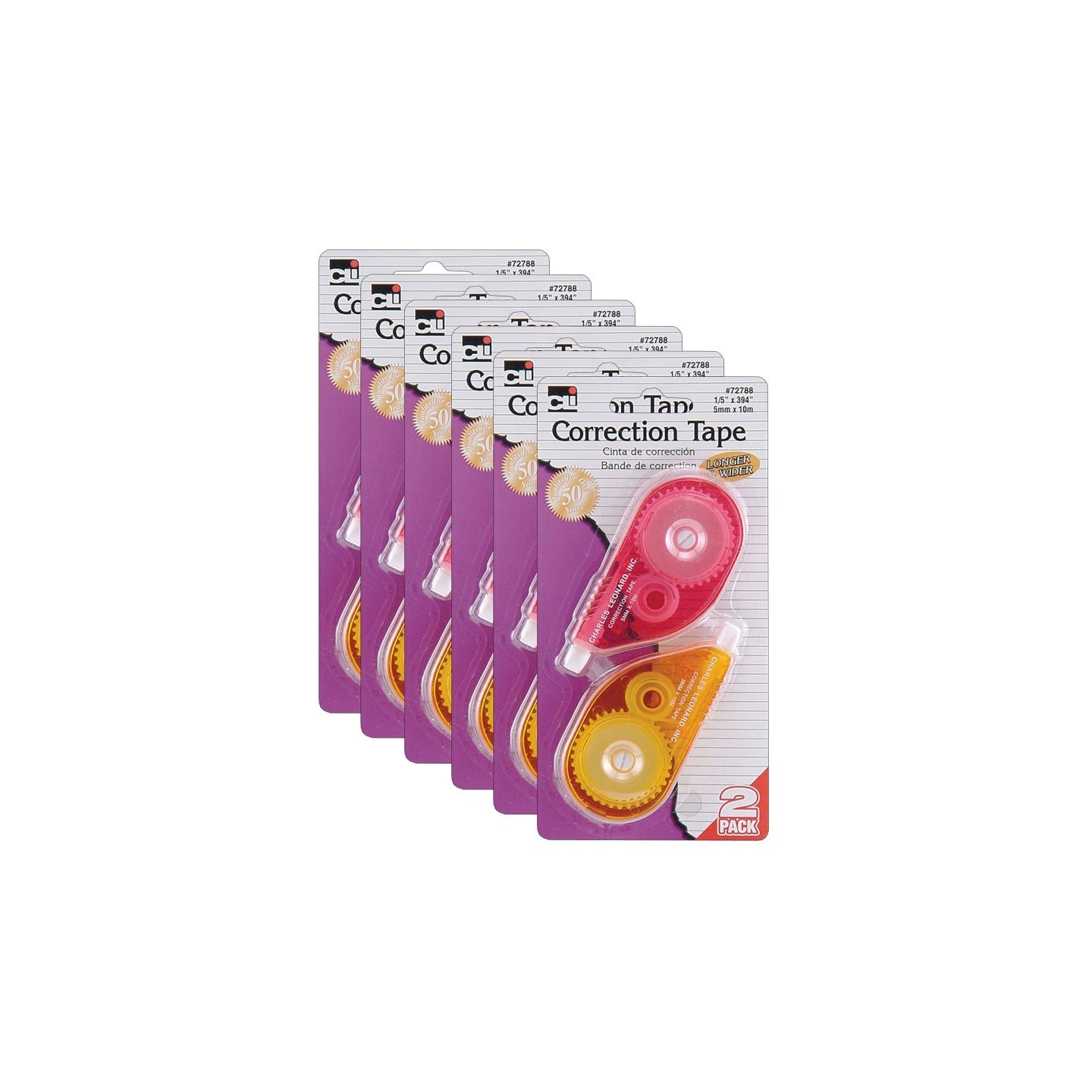 Charles Leonard Correction Tape, Assorted Color Cases, 1/5" x 394", 2 Per Pack, 6 Packs