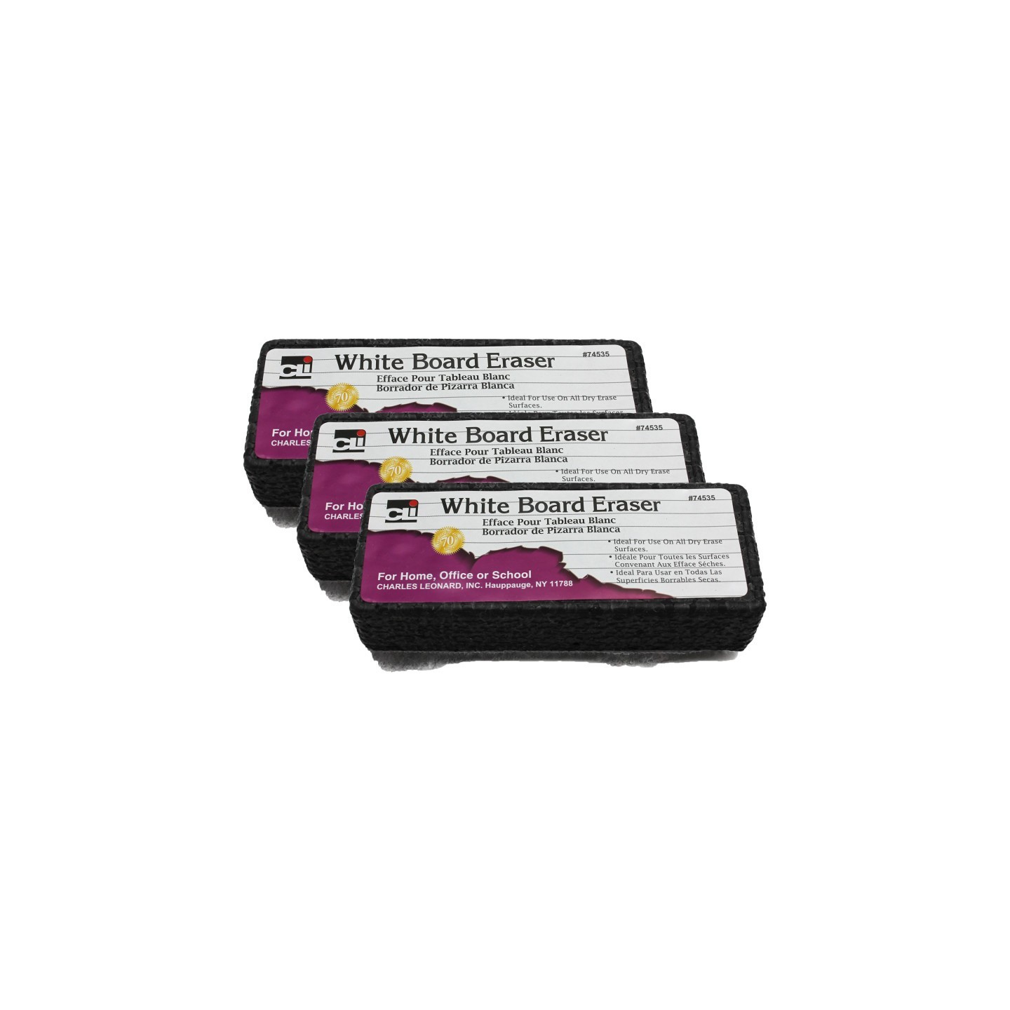 Charles Leonard Whiteboard Eraser, Felt/Foam, Gray & Black, Pack of 3