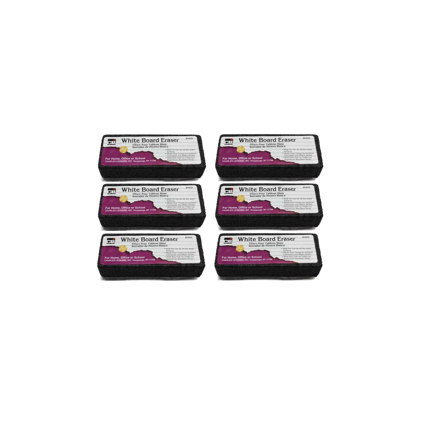 Charles Leonard Whiteboard Eraser, Felt/Foam, Gray and Black, Pack of 6