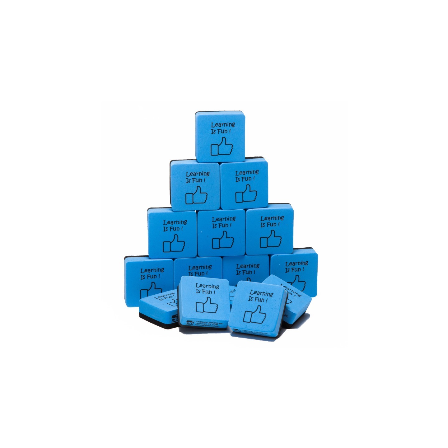 Charles Leonard Whiteboard Erasers, Felt and Foam, Learning is Fun Style, 2 x 2", Blue/Black, Pack of 15