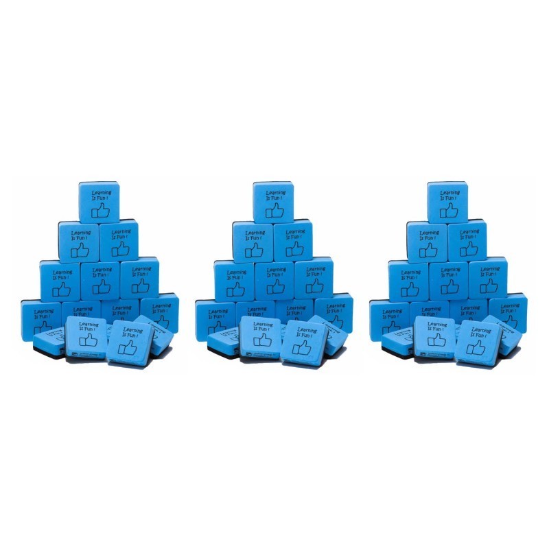 Charles Leonard Mini Whiteboard Eraser, Felt/Foam, 2"x2" "Learning is Fun", Blue/Black, 15 Per Pack, 3 Packs