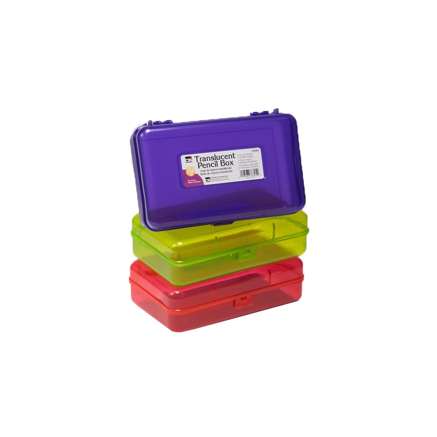 Charles Leonard Pencil Box, 2-1/2"H x 5-1/4"D x 8-1/4"W, Translucent Assorted Colors, Pack of 3