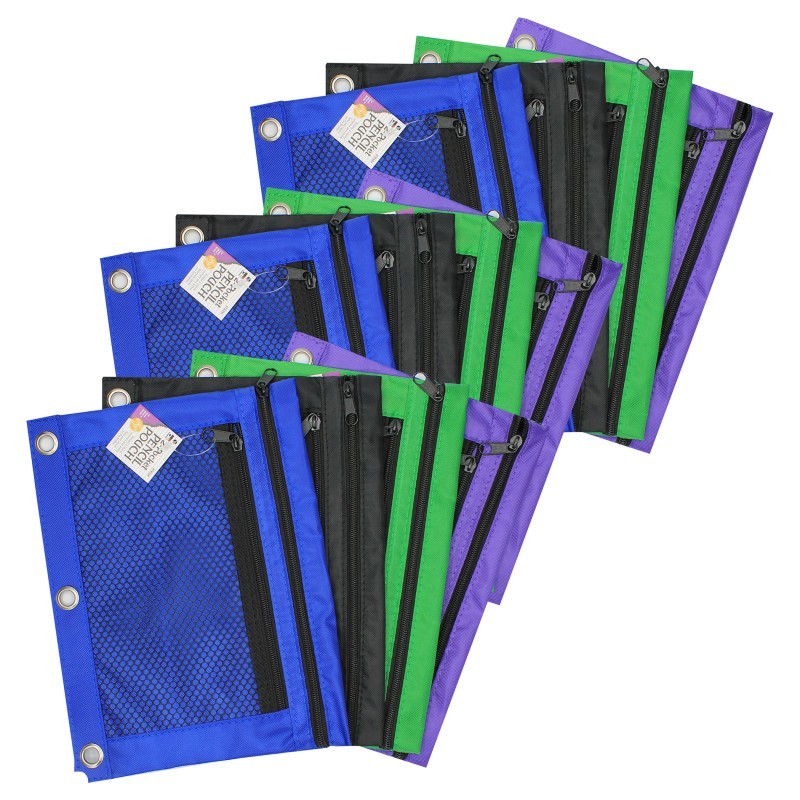 Charles Leonard Pencil Pouch, 2 Pocket, Assorted Colors, Pack of 12