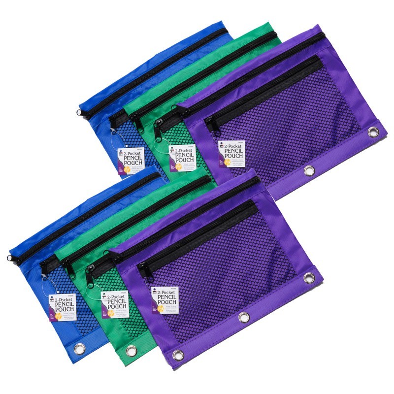 Charles Leonard Pencil Pouch, 2 Pocket with Mesh Front, 3 Assorted Colors, Pack of 6