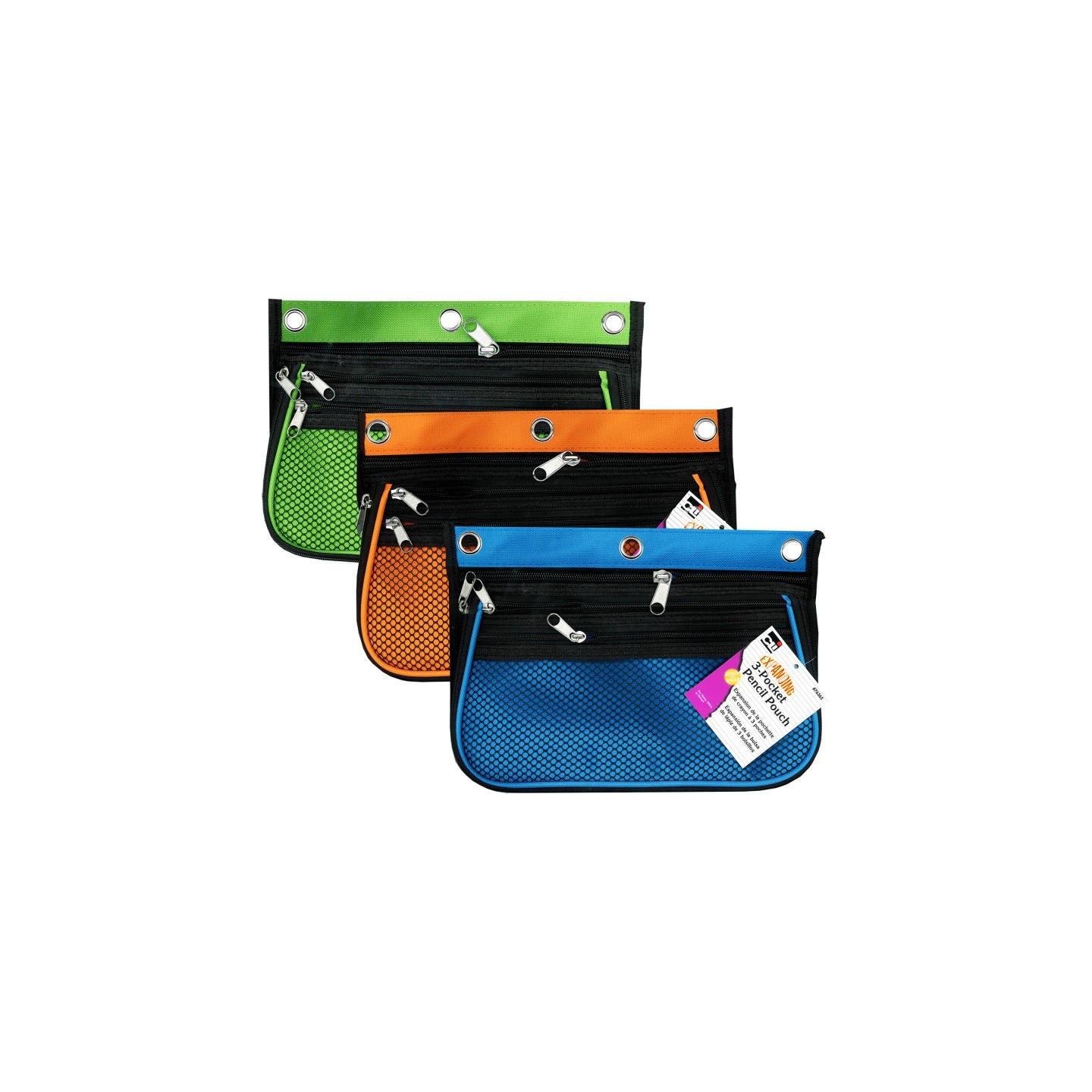 Charles Leonard 3 Pocket Pencil Pouch, Expanding to 2.25", 10.25"W x 7.25"H x 2.5"D - Assorted Colors, Pack of 3