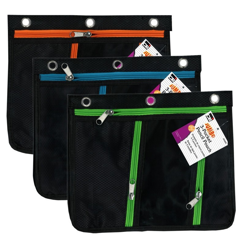 Charles Leonard 3 Pocket Pencil Pouch, Expanding to 1", 11"W x 9.5"H x 1"D - Assorted Colors, Pack of 3