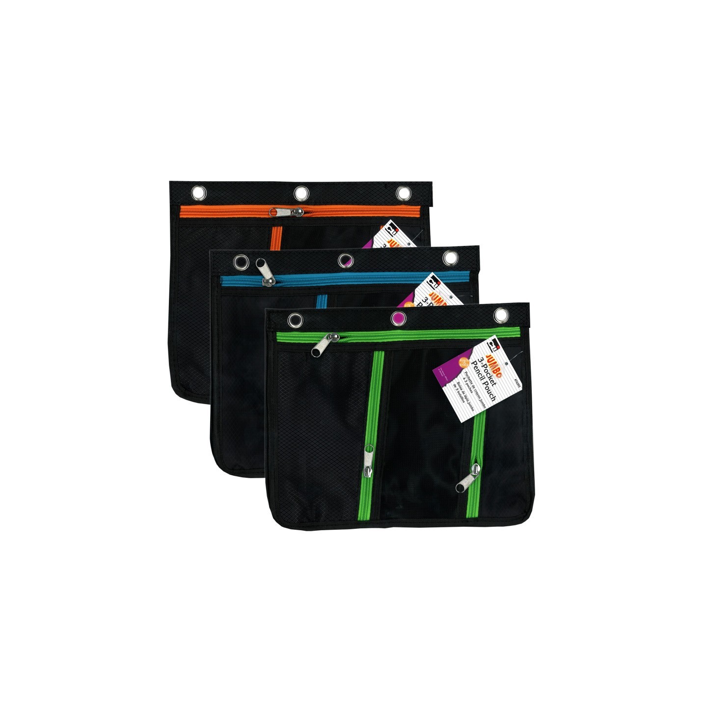 Charles Leonard 3 Pocket Pencil Pouch, Expanding to 1", 11"W x 9.5"H x 1"D - Assorted Colors, Pack of 3