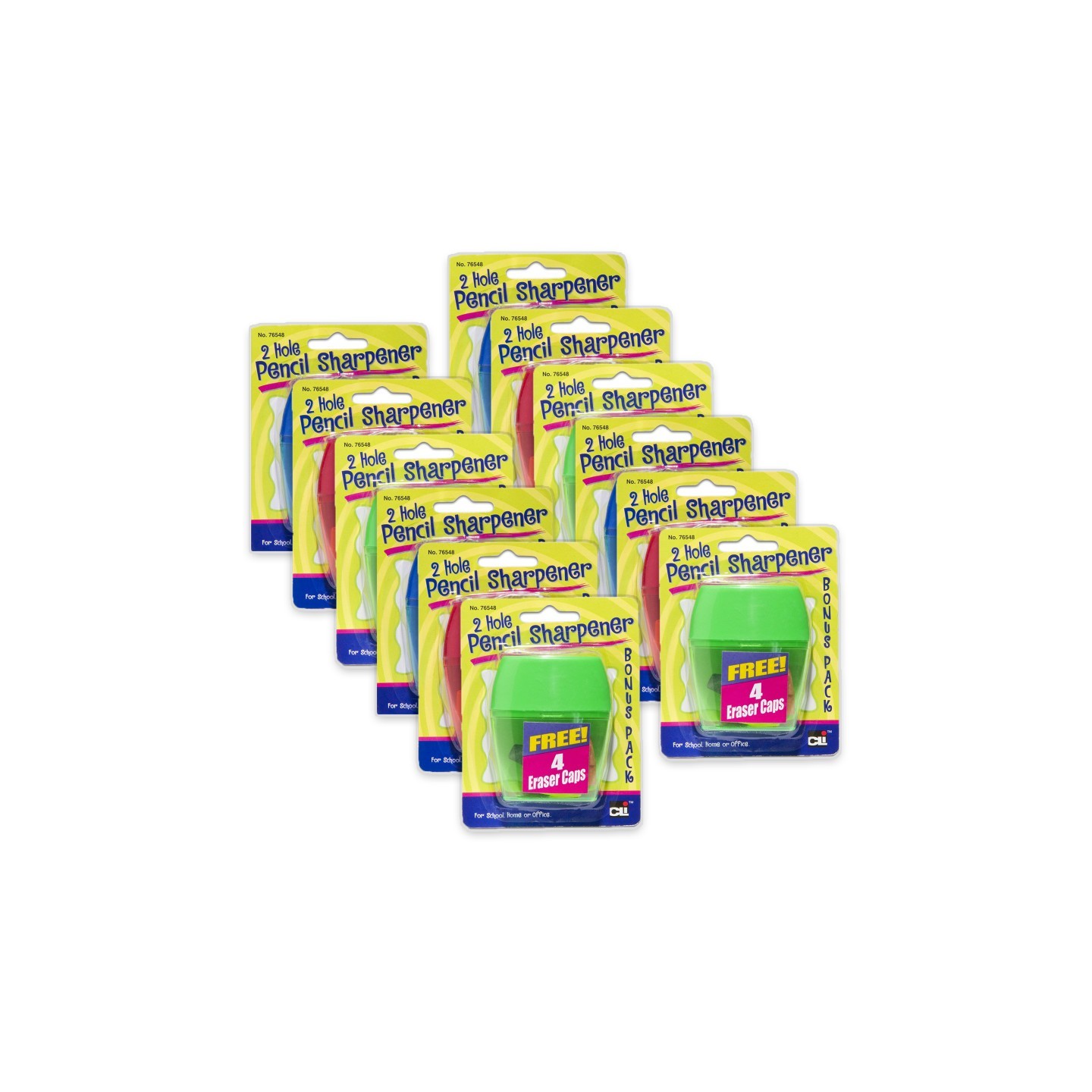 Charles Leonard Two-Hole Pencil Sharpener w/Catcher, Bonus Erasers, Assorted Colors, Set of 12