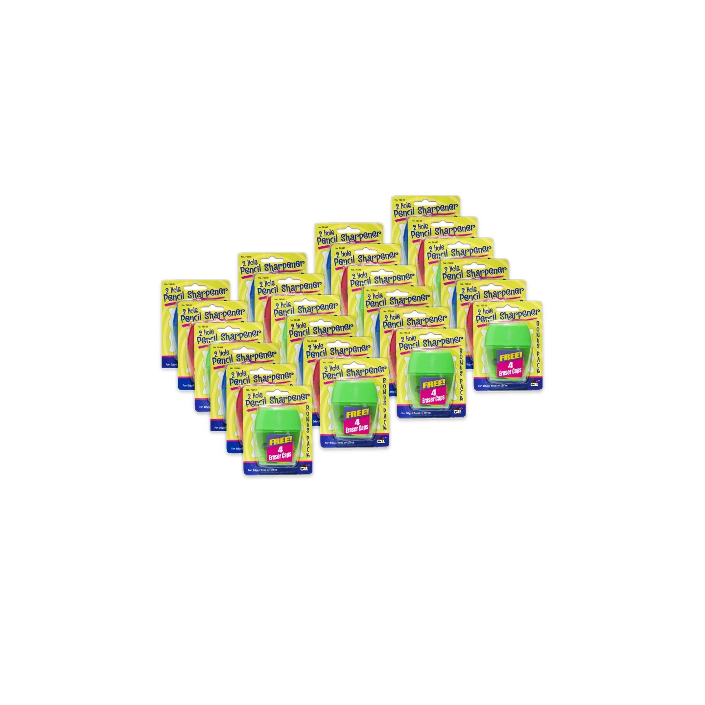 Charles Leonard 3 Hole Pencil Sharpener w/catcher, Assorted Colors, 12 per Pack, 2 Packs