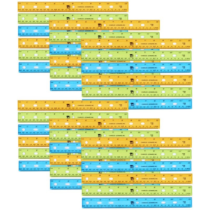 Charles Leonard Translucent Plastic Ruler, 12-Inch, Assorted Colors, Pack of 36