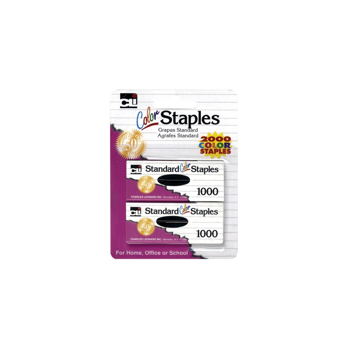 Charles Leonard Standard Color Staples, Assorted Colors, 1000 Per Box, 2 Boxes