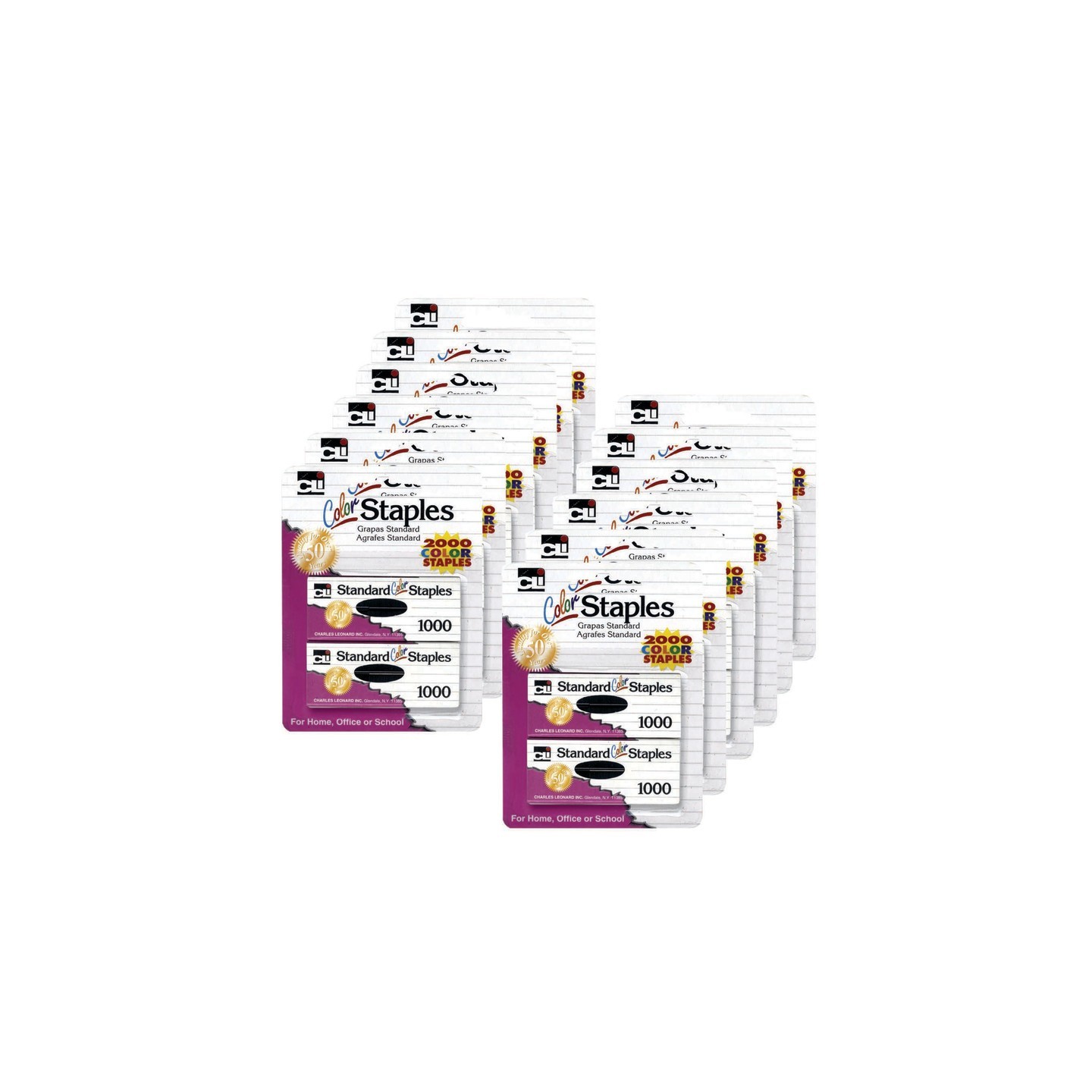 Charles Leonard Standard Color Staples, Assorted Colors, 2000 Per Pack, 12 Packs