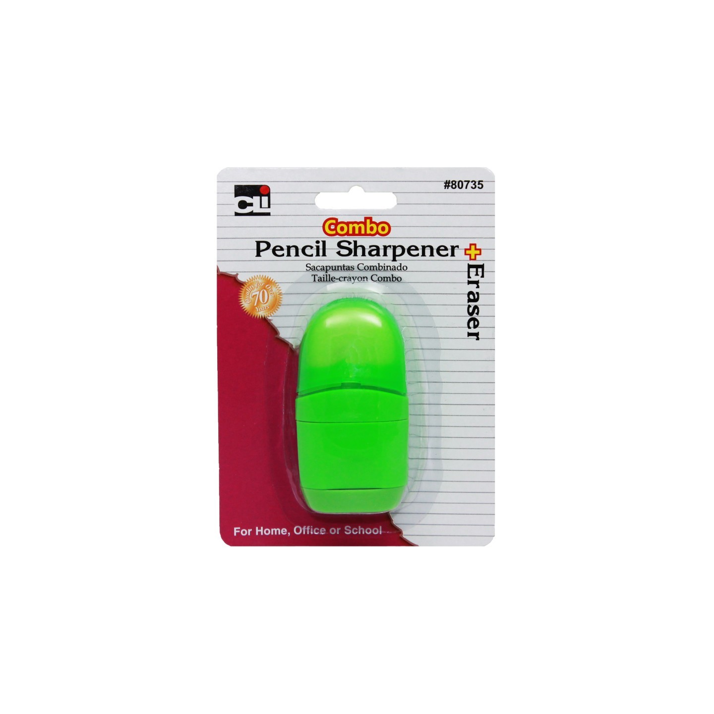 Charles Leonard Pencil Sharpener/Eraser Combo, 1 Hole with Eraser, Plastic, with Receptacle, Assorted Colors