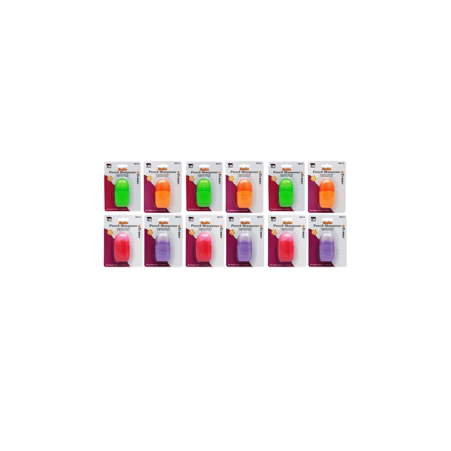 Charles Leonard Pencil Sharpener/Eraser Combo - 1 Hole with Eraser, Plastic, with Receptacle, Assorted Colors, Pack of 12