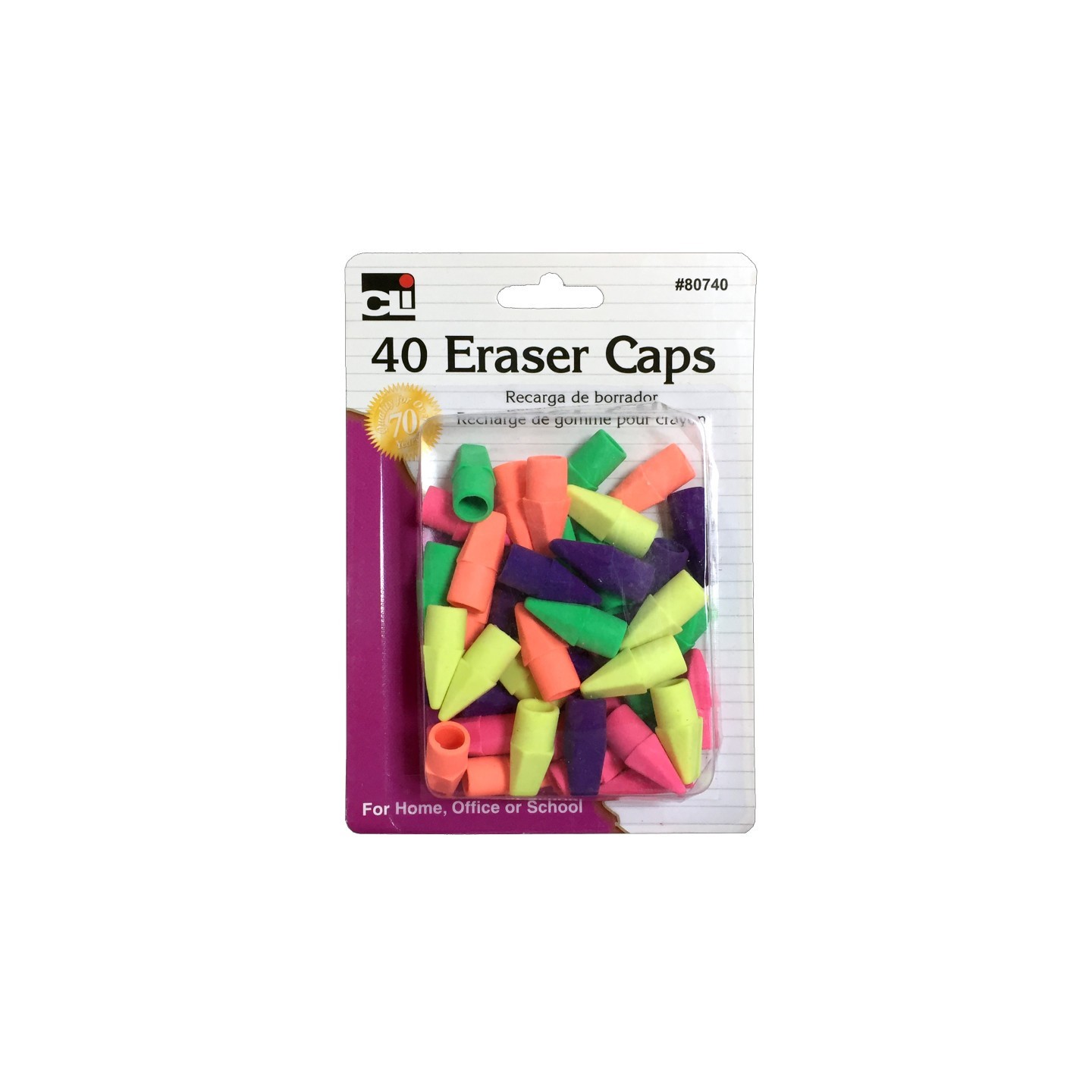 Charles Leonard Pencil Eraser, Caps, Assorted Colors, Pack of 40
