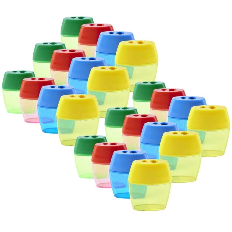Charles Leonard Pencil Sharpener, Deluxe Two-Hole Style with Shaving Receptacle, Assorted Colors, Pack of 24