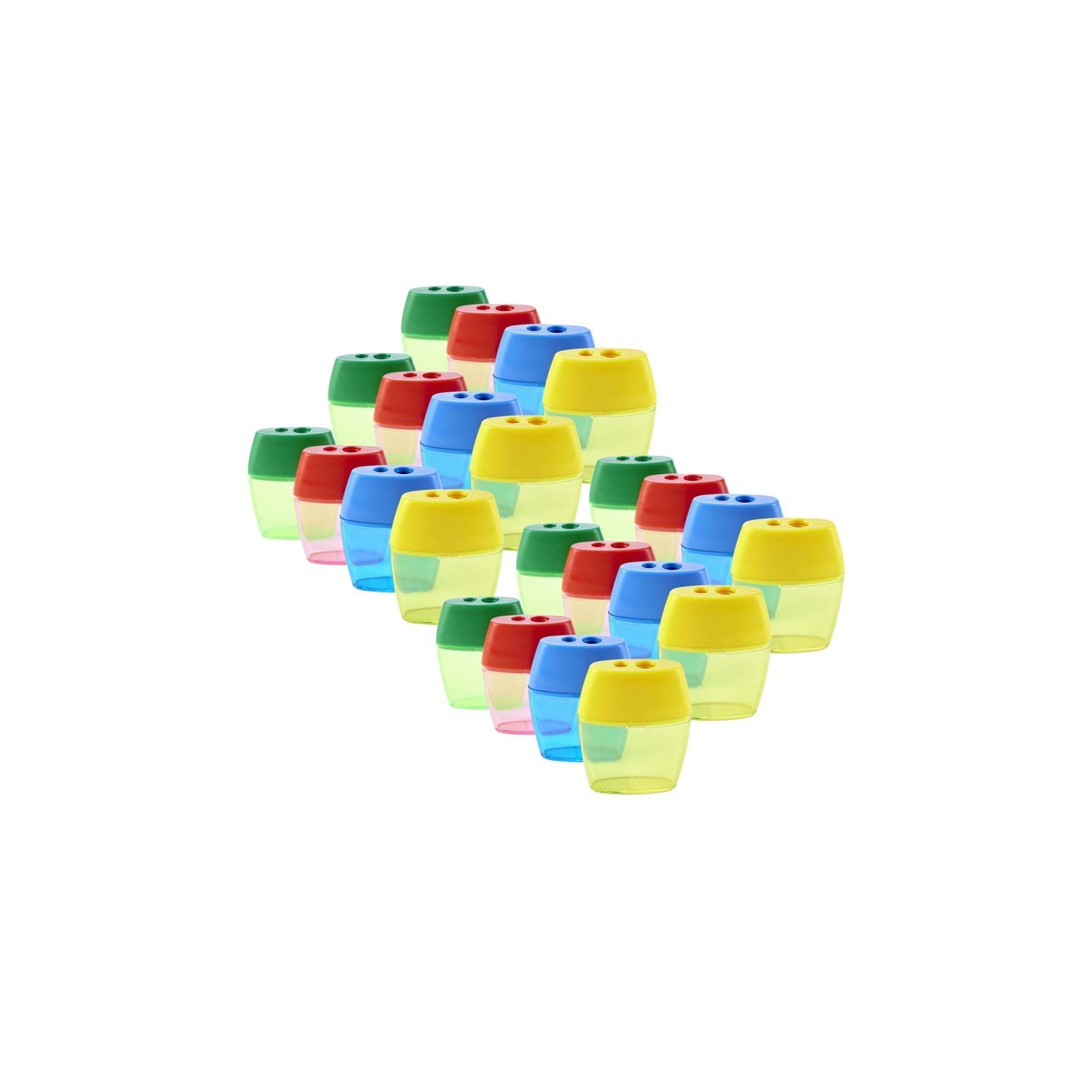 Charles Leonard Pencil Sharpener, Deluxe Two-Hole Style with Shaving Receptacle, Assorted Colors, Pack of 24