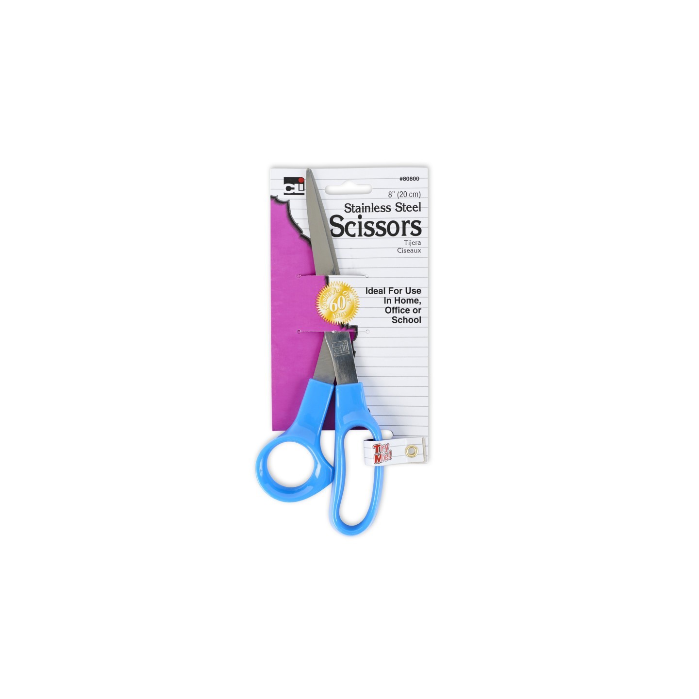 Charles Leonard Stainless Steel Scissors with Molded Plastic Handle, 8" Straight, Blue