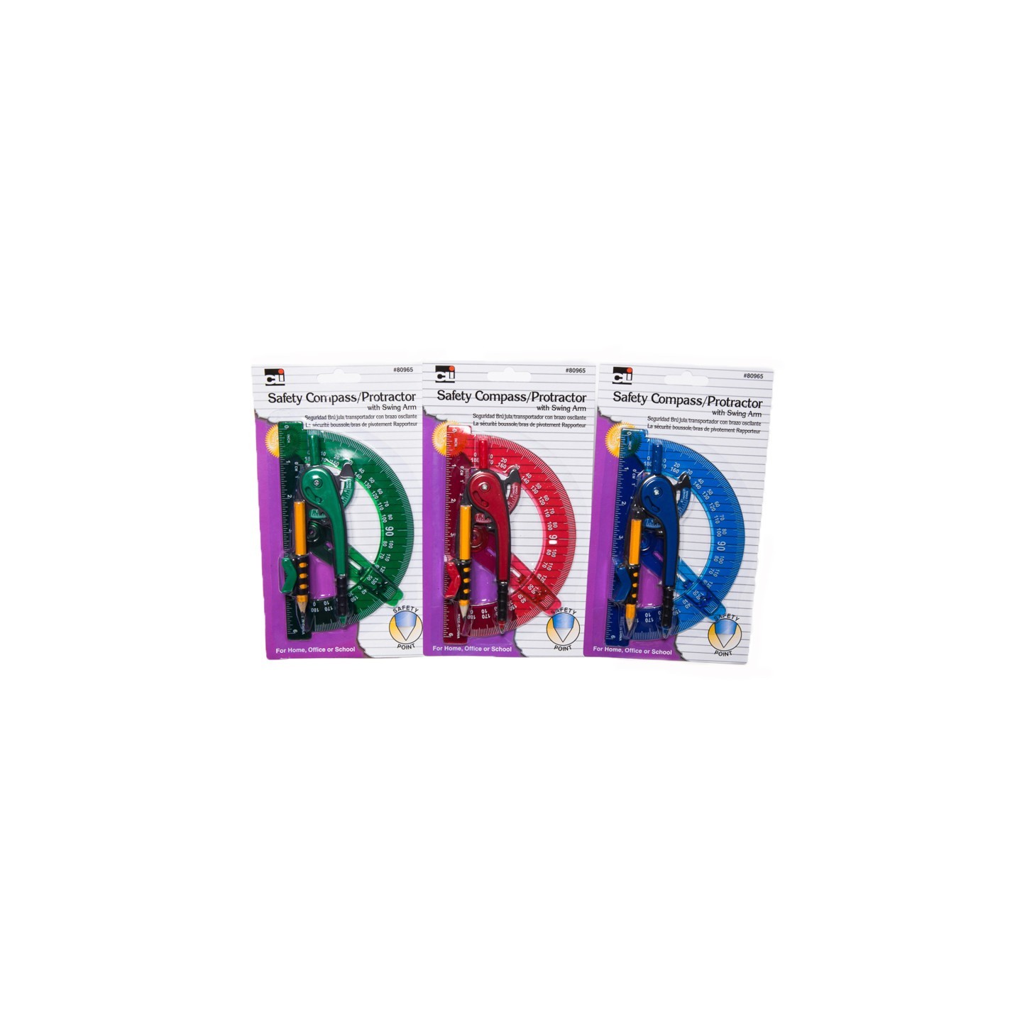 Charles Leonard Compass Safety and 6" Swing Arm Protractor, Assorted Colors, Pack of 12