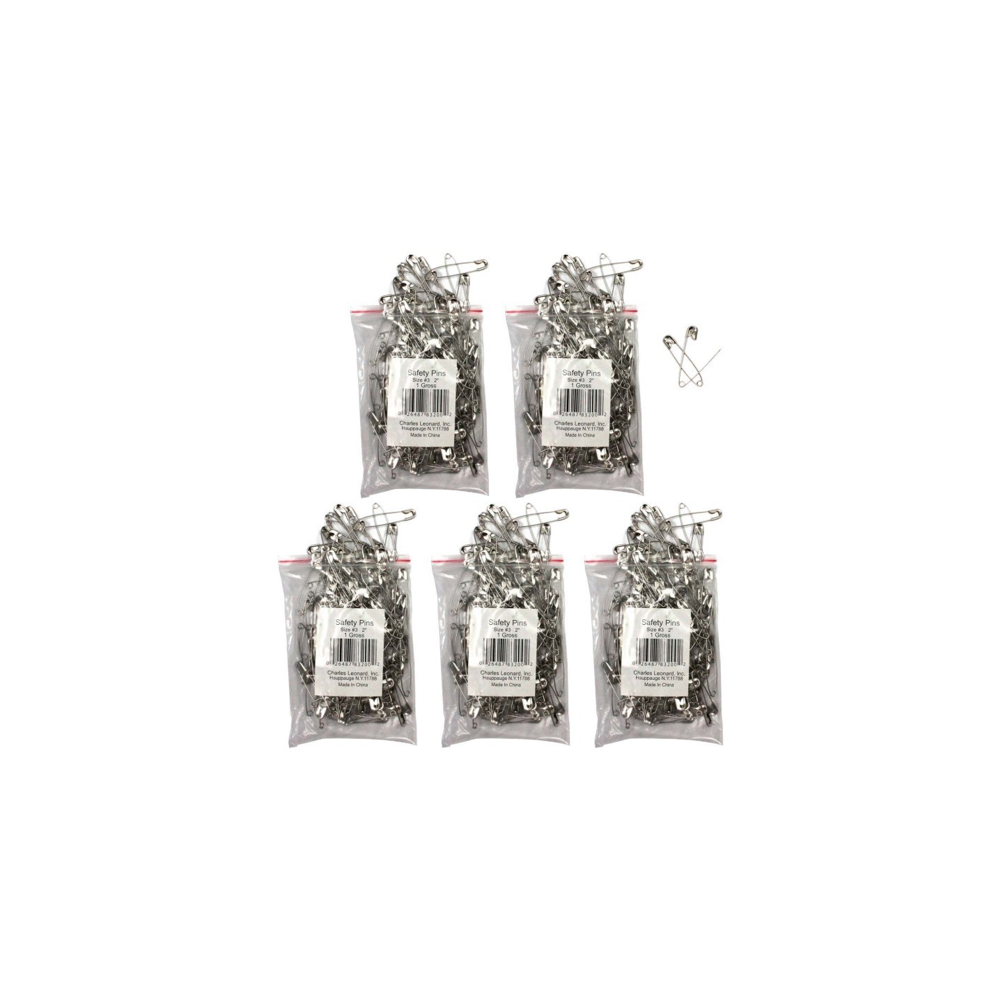 Charles Leonard Safety Pins 2", 144 Per Pack, 5 Packs