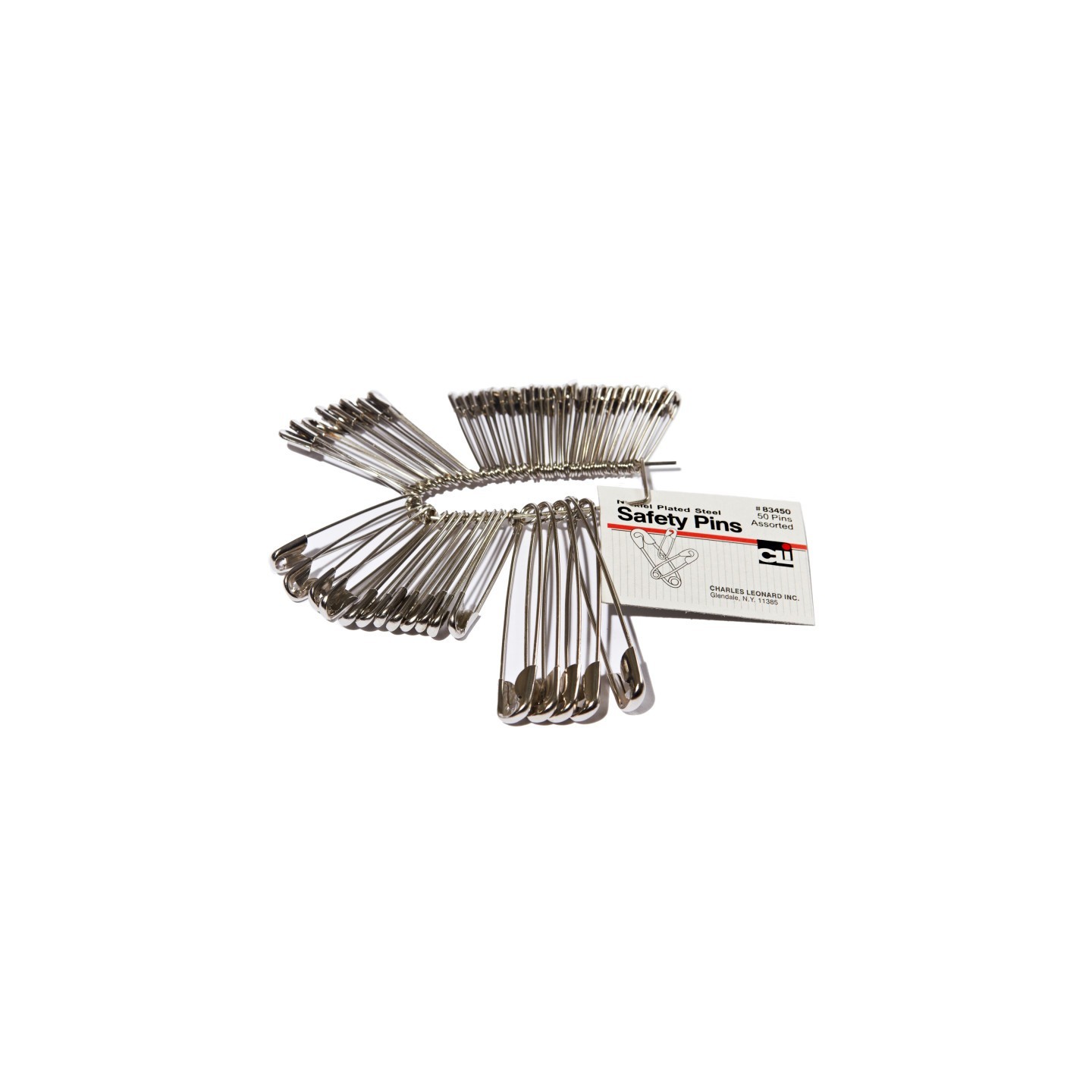 Charles Leonard Safety Pins, Assorted Sizes, Pack of 50