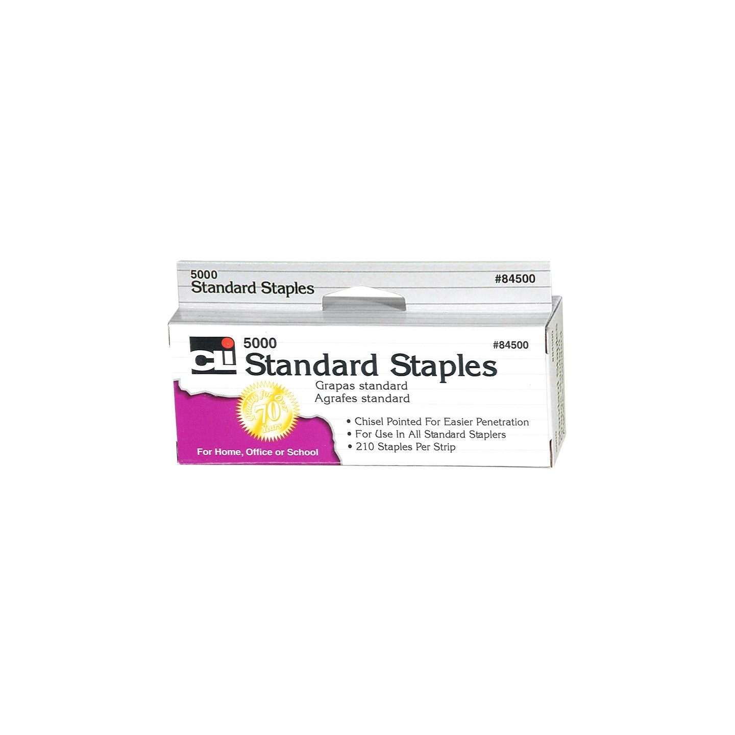 Charles Leonard Staples, Standard 26/6 Size, Chisel Pointed Carbon Steel, Silver, 5000/Box