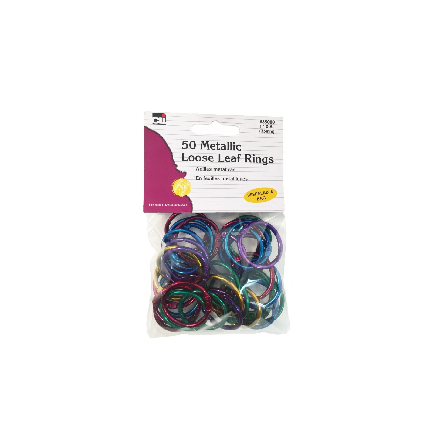 Charles Leonard Loose Leaf Rings, 1" Diameter, Metallic Assorted Colors