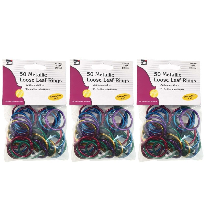 Charles Leonard Metallic Book Rings, 1", Assorted Colors, 50 Per Pack, 3 Packs