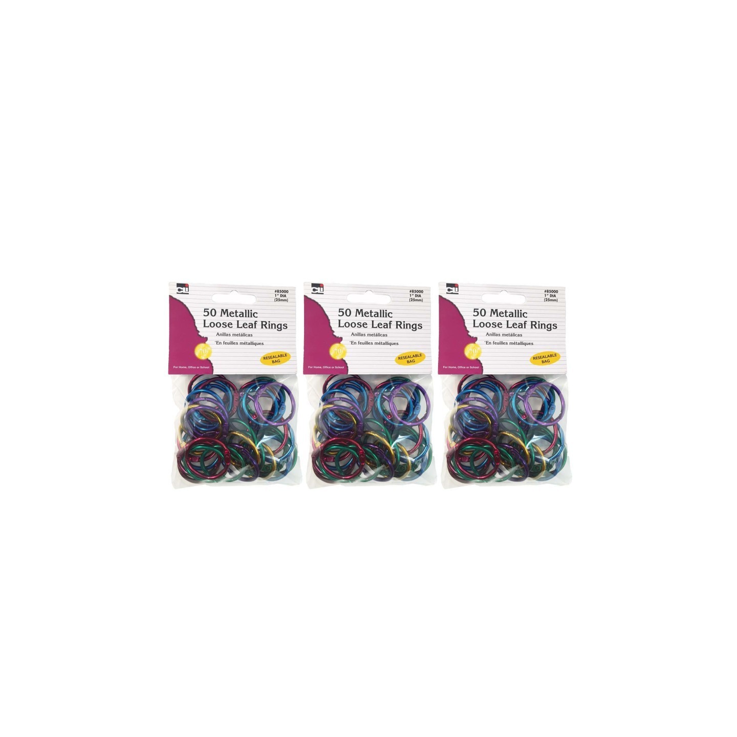 Charles Leonard Metallic Book Rings, 1", Assorted Colors, 50 Per Pack, 3 Packs
