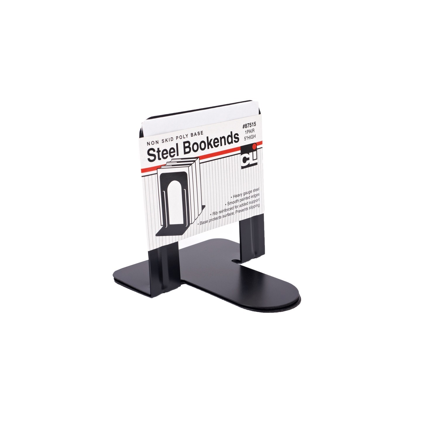 Charles Leonard Bookends with Non-Skid Base, 5" Steel, Black, 1 Pair