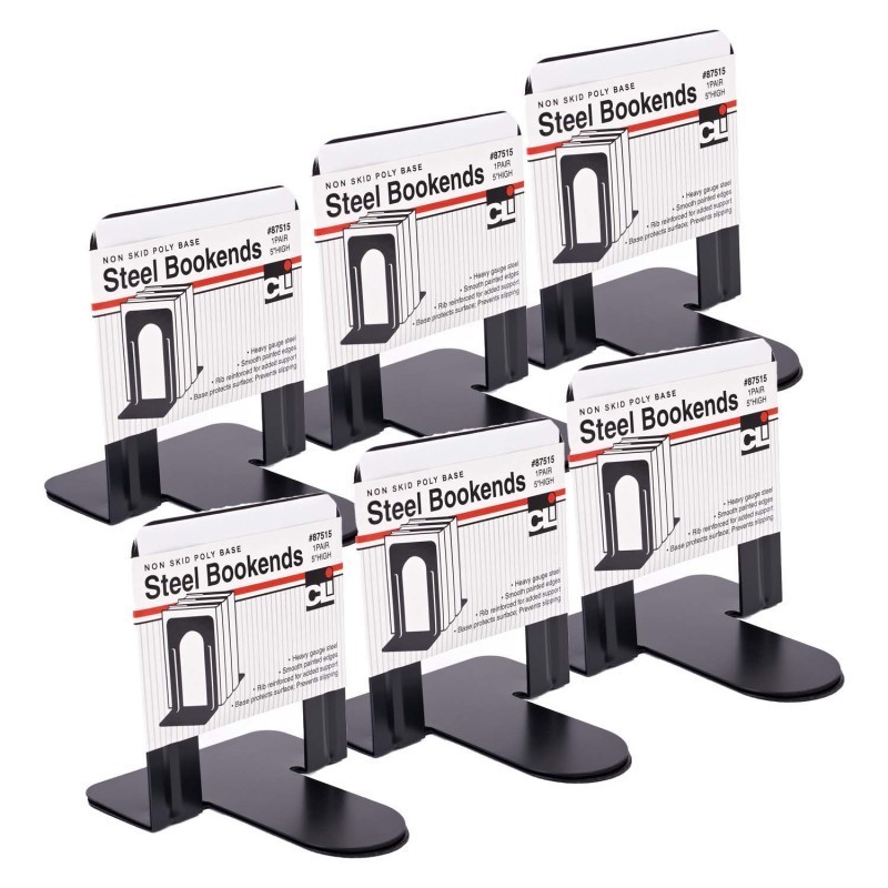 Charles Leonard Metal Bookends, 5" Height, Black, 2 Per Set, 6 Sets