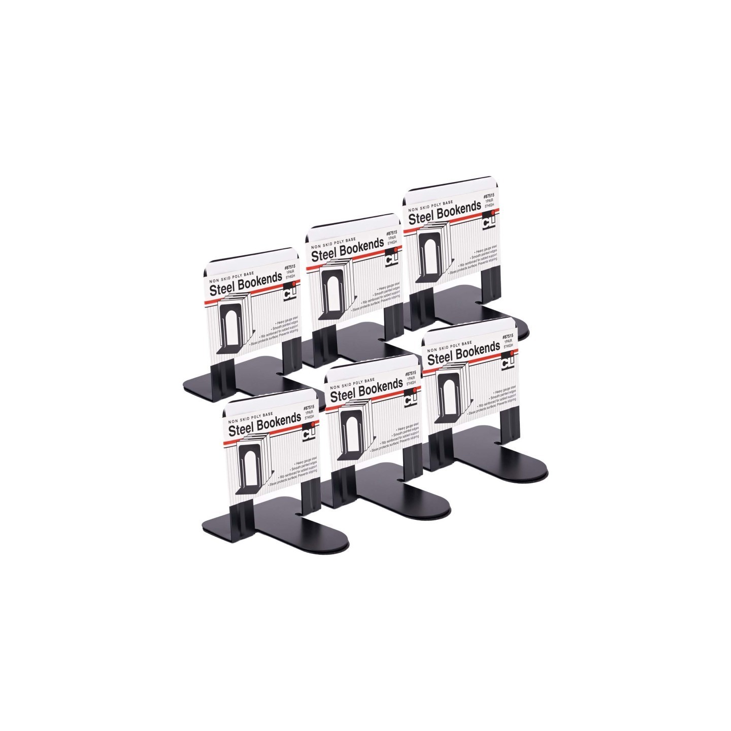 Charles Leonard Metal Bookends, 5" Height, Black, 2 Per Set, 6 Sets