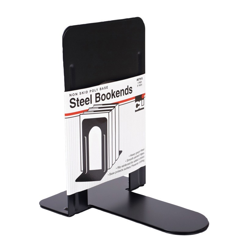 Charles Leonard Bookends with Non-Skid Base, 9" Steel, Black, 1 Pair