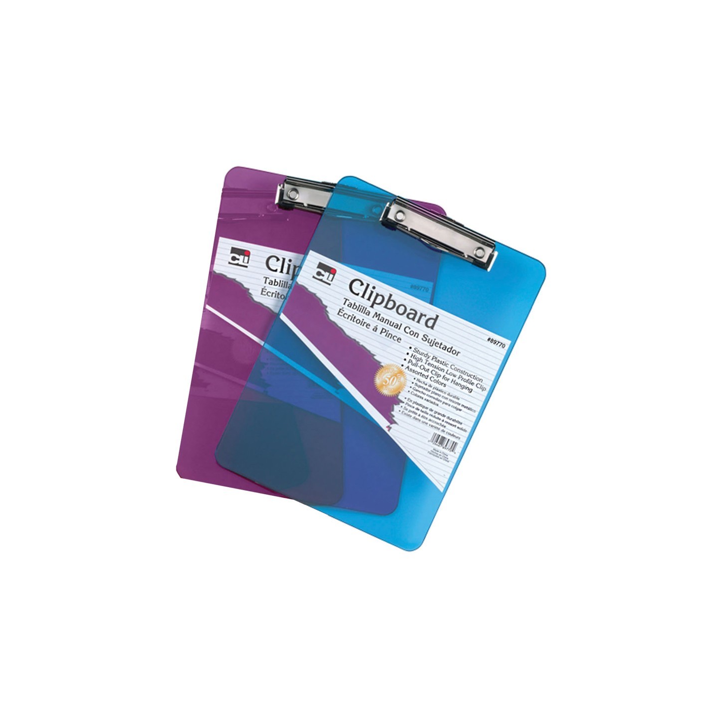 Charles Leonard Transparent Plastic Clipboard, Low Profile Clip & Pull Out Hook, Letter Size, Assorted Neon Colors, Pack of 2