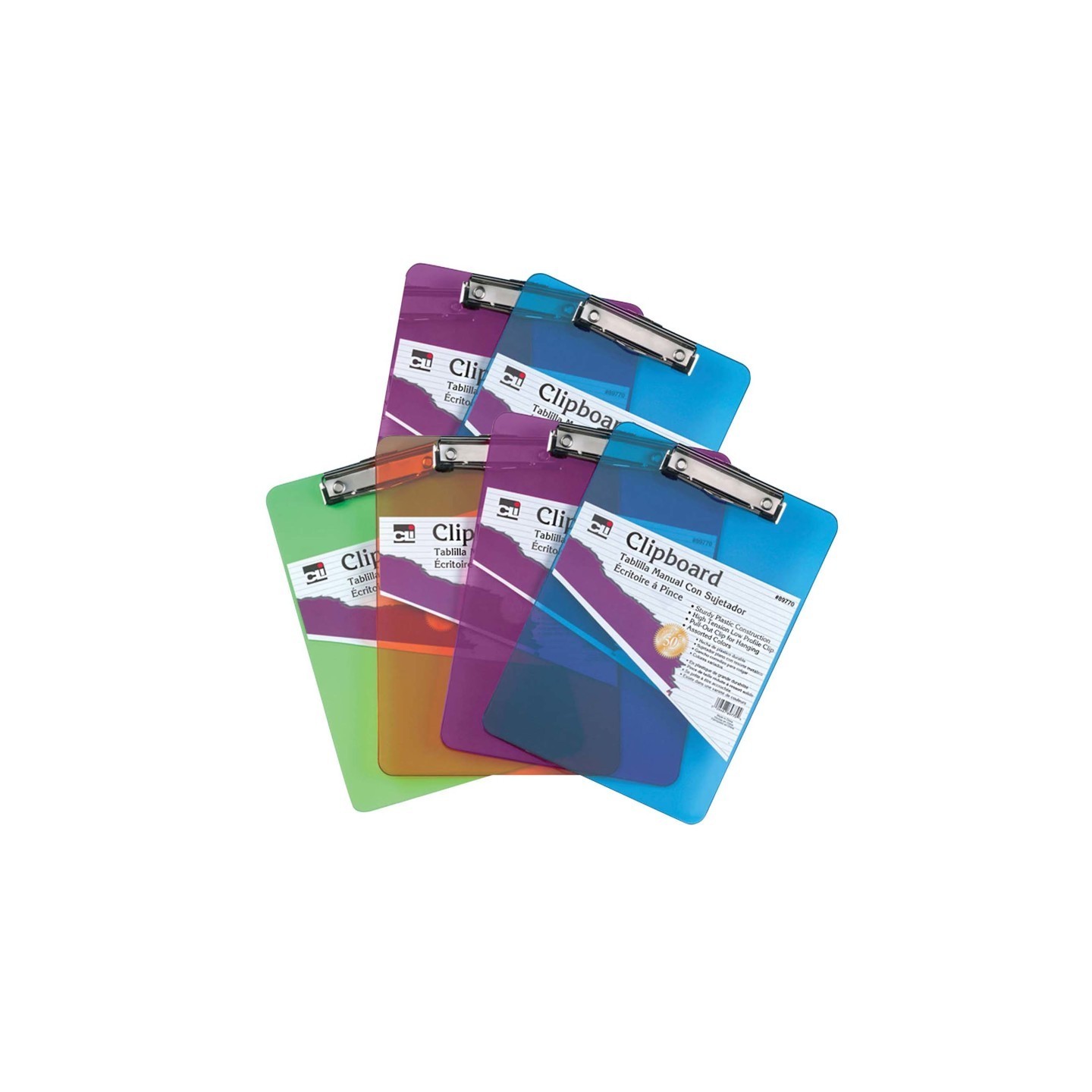Charles Leonard Plastic Clipboard, Letter, Assorted Colors, Pack of 6
