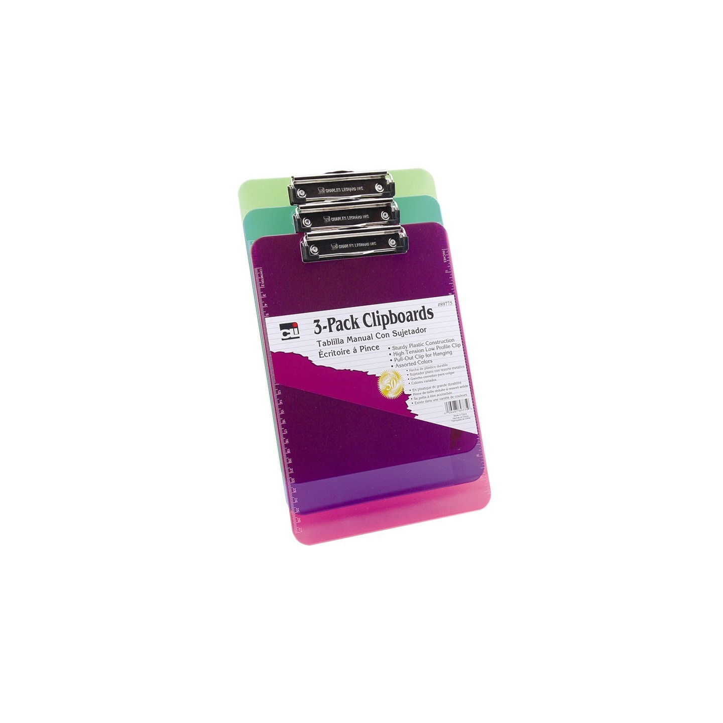 Charles Leonard Plastic Clipboard w/Low Profile Clip, Letter, Assorted Translucent Neon Colors, Pack of 3
