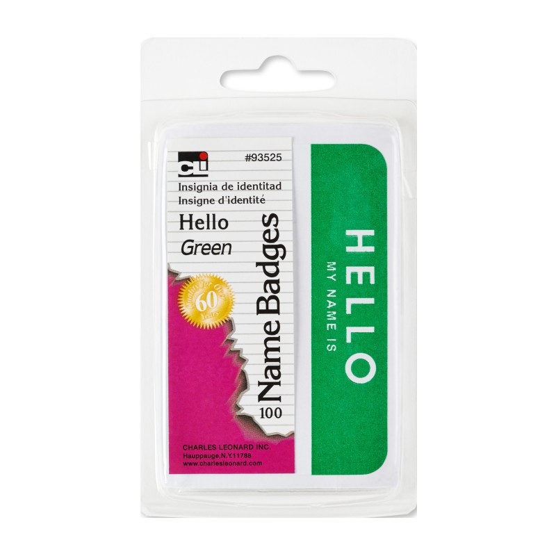 Charles Leonard Labels, Name Badge, Hello My Name Is, 3-3/8" x 2-1/4", Green, Pack of 100