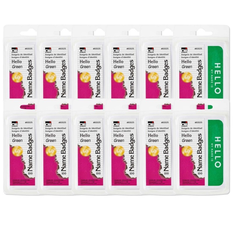 Charles Leonard Self-Adhesive Name Badges, Hello, Green, 100 Per Pack, 12 Packs