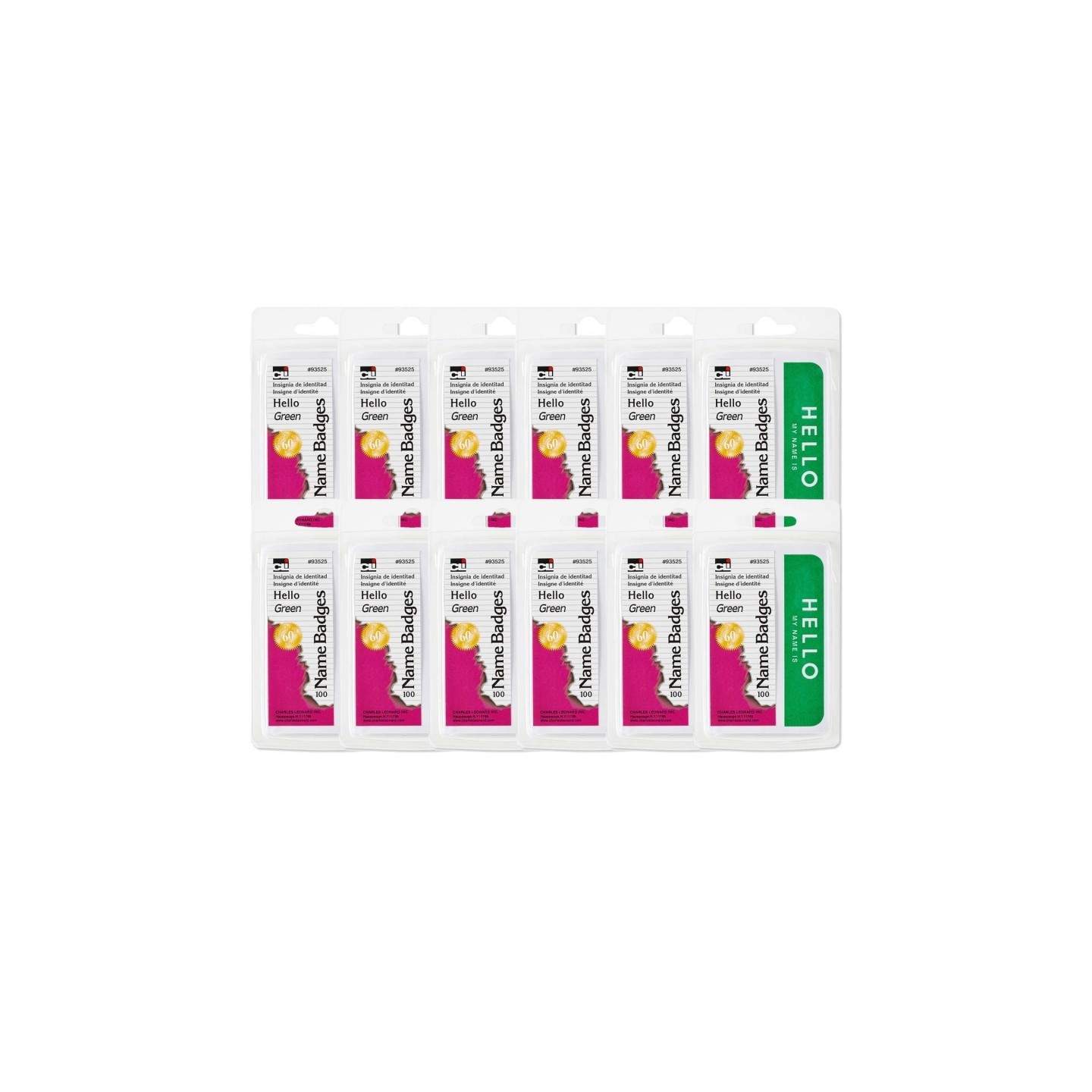 Charles Leonard Self-Adhesive Name Badges, Hello, Green, 100 Per Pack, 12 Packs