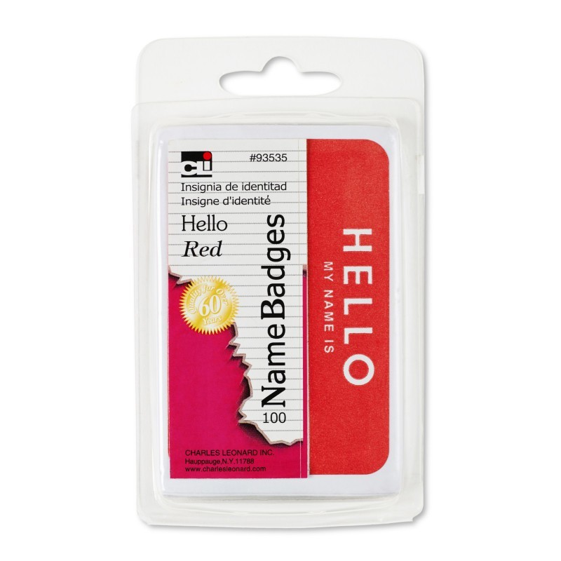 Charles Leonard Labels, Name Badge, Hello My Name Is, 3-3/8" x 2-1/4", Red, Pack of 100