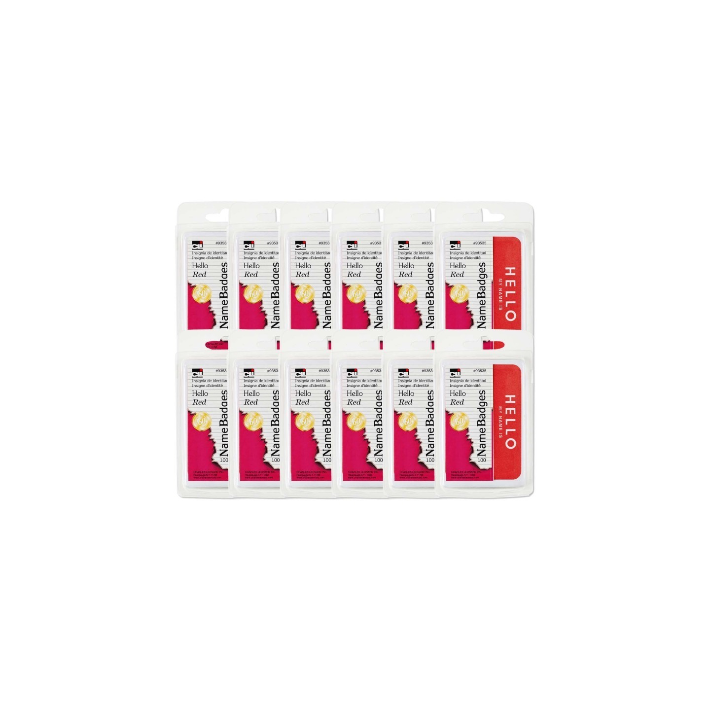 Charles Leonard Self-Adhesive Name Badges, Hello, Red, 100 Per Pack, 12 Packs