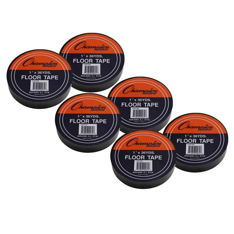Champion Sports Floor Marking Tape, 1" x 36 yd, Black, 6 Rolls